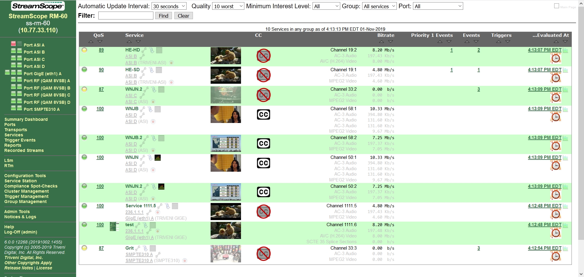 StreamScope RM-60 Services Dashboard